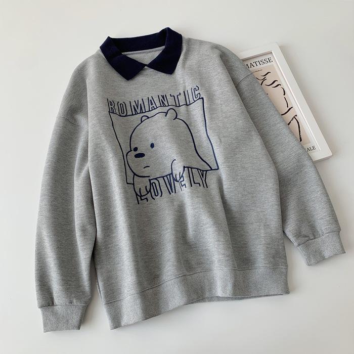 

Толстовка в корейском стиле с мультяшным принтом и воротником поло для весны/осени – Молодежный пуловер с лацканами, Свободный крой 2XL [recommended 75-85 kg] серый