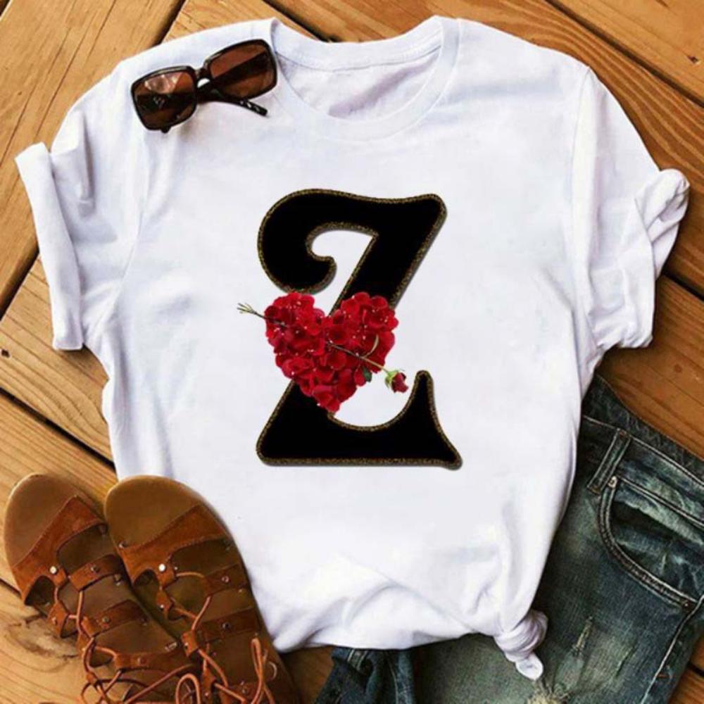 Rose ABC Alphabet Graphic Print White Tee Women Casual Loose Oversize Shirt Top Daily Wear Durable Plus Size Short Sleeve