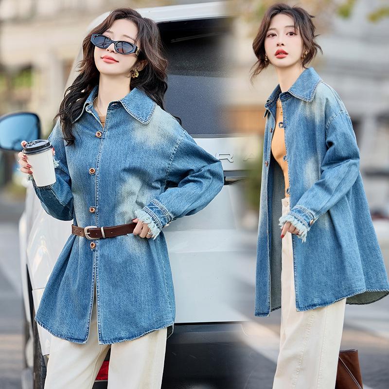 

Женская джинсовая куртка с длинным рукавом, свободного кроя, с эффектом потертости, с поясом, весна 2025 L 110-120 lbs