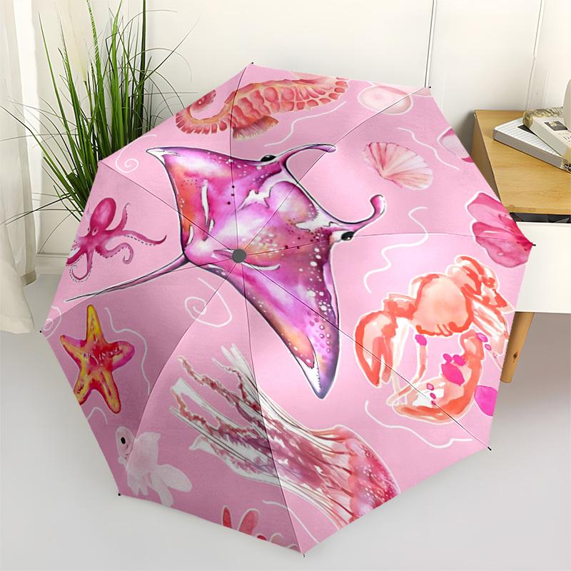 

1pc Oceanic Life Automatic Opening/Closing Folding Umbrella with 8 Ribs,Windproof Portable Sunshade Umbrella Holiday gift yy260401059