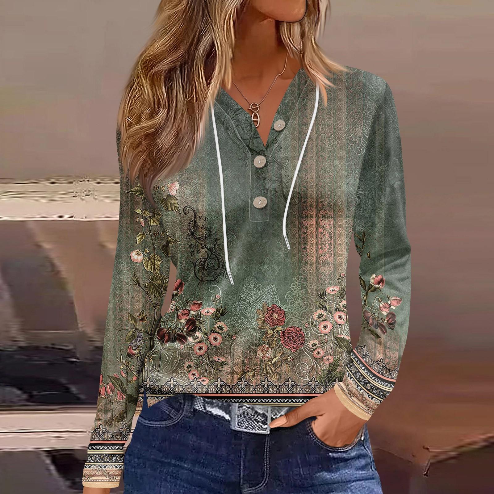 

Жен. Футболка Футболка Пуговицы Цветочный принт Длинный рукав Повседневные Выходные Мода Классический Классический V-образный вырез Обычный Топ XXL