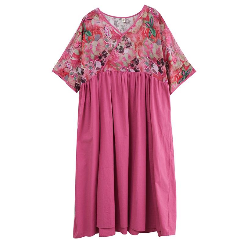 Kurzarm Plus Size Baumwolle Vintage Blumenmuster Neu in Kleidern für Damen lässig locker langes Sommerkleid