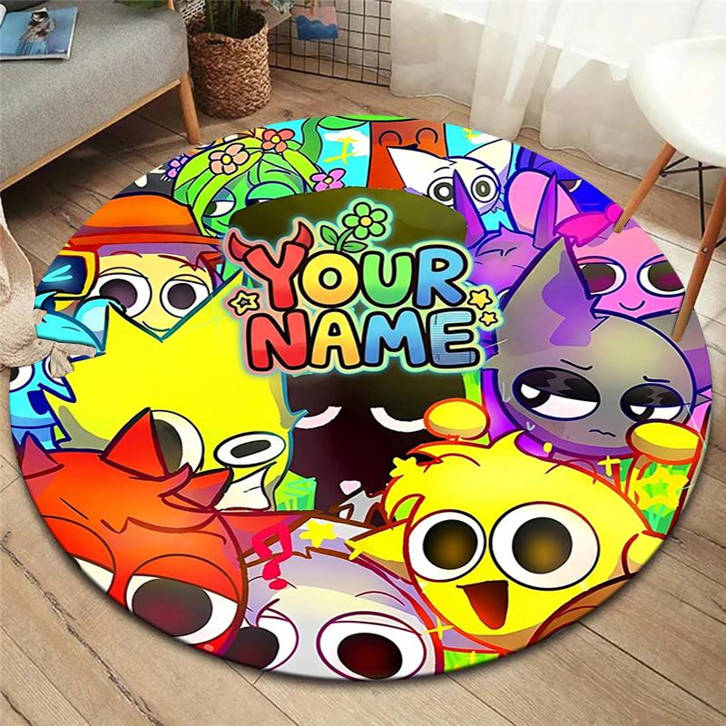 Colorful Creatures Custom Name Round Area Rug Carpet Rug For Living Room Bedroom Sofa Playroom Decor Nonslip Floor Mat