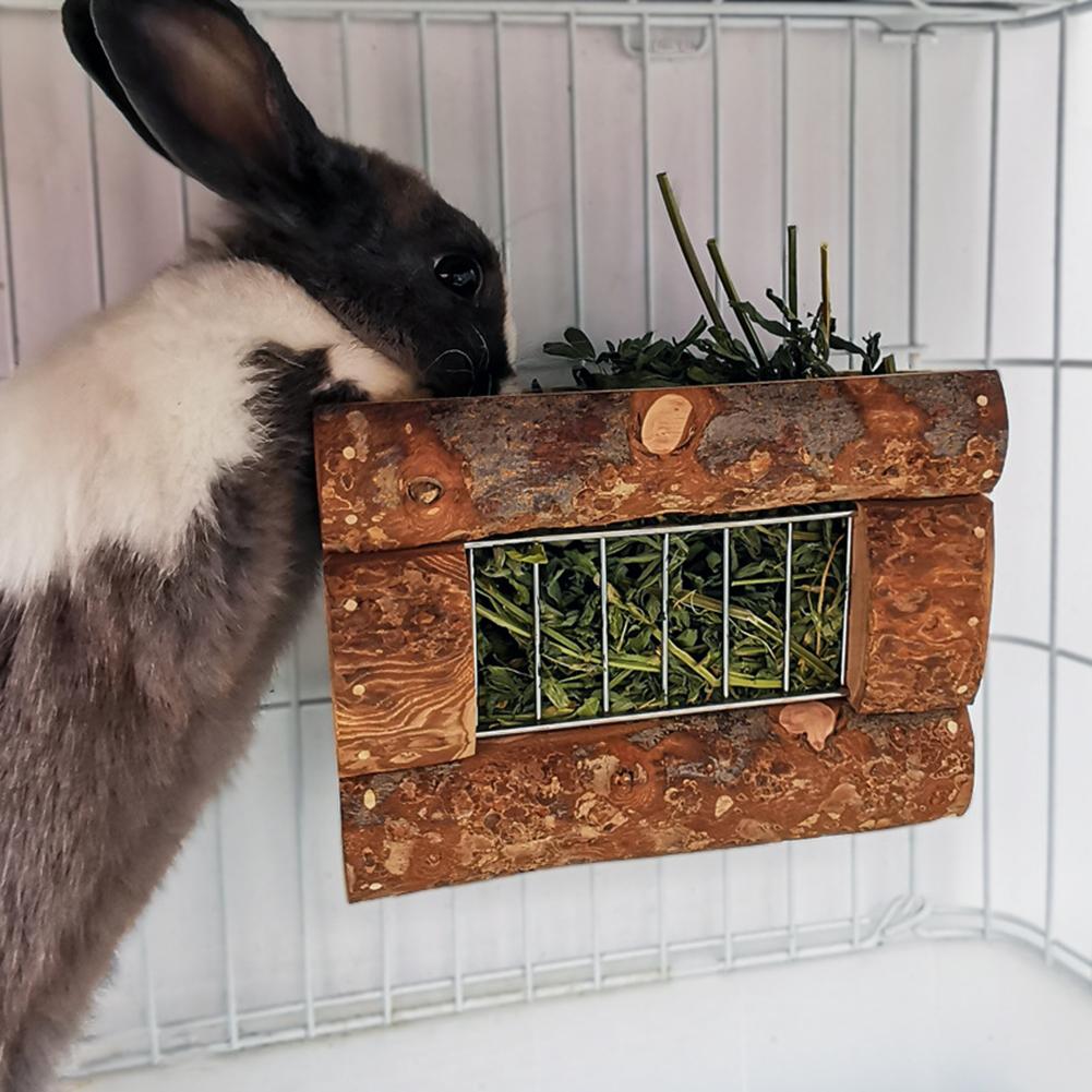Rabbit Natural Wooden Grass Shelf 304 Stainless Steel Net Hay Dispenser Hanging Hay Feeder For  Guinea Pig