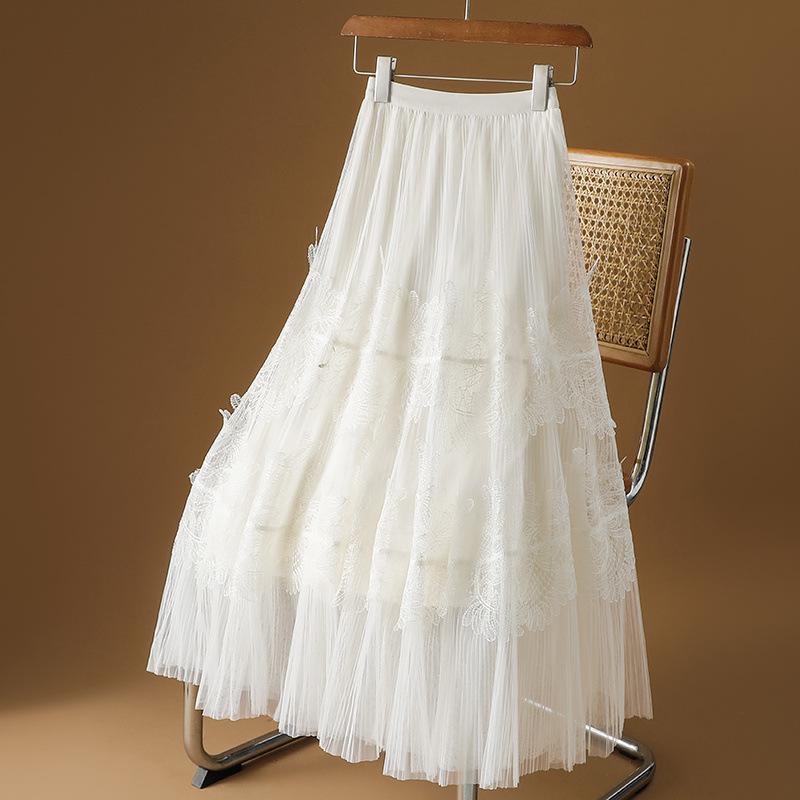 Korean Sweet Summer Solid Color Women's Clothing Elastic Waist Gauze Lacefashion Versatile High Waist Mid Length A-line Skirts