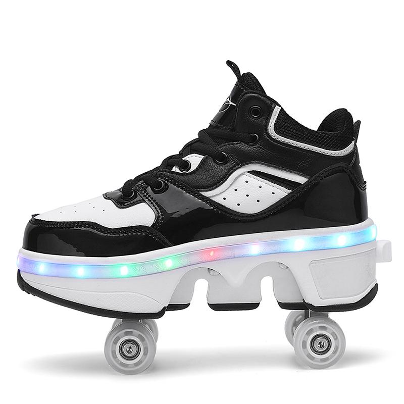 

Kids Roller Skates 6-15 Years Old Four-wheel Deformation Can Walk Can Skate Skates Mens Roller Sneakers 43 чорний/білий