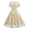 Women Evening Dress Double-layer Flower Embroidery Mesh A-line Big Swing Short Sleeves O Neck Back Zipper Closure Prom Party Midi Dress