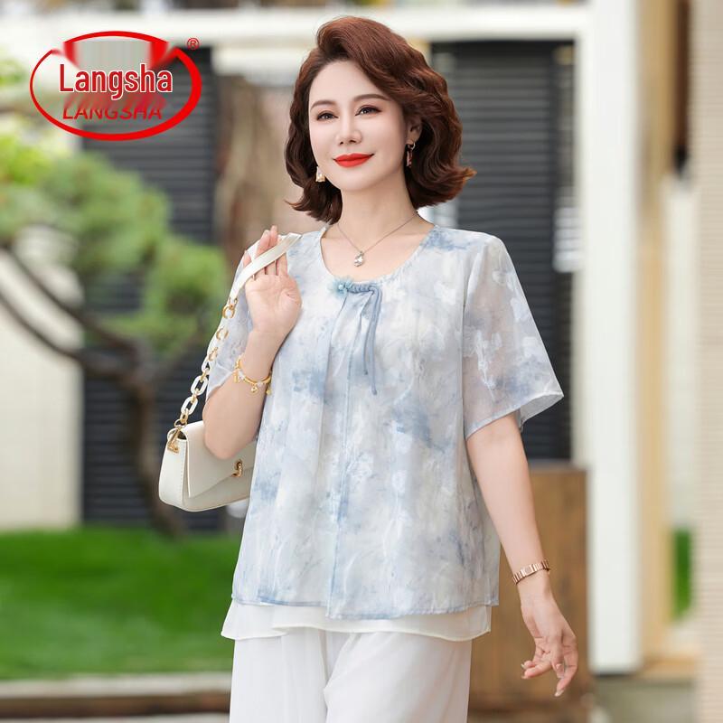 

LangSha Women s New Chinese Style Printed Mid-Sleeve Top 3XL