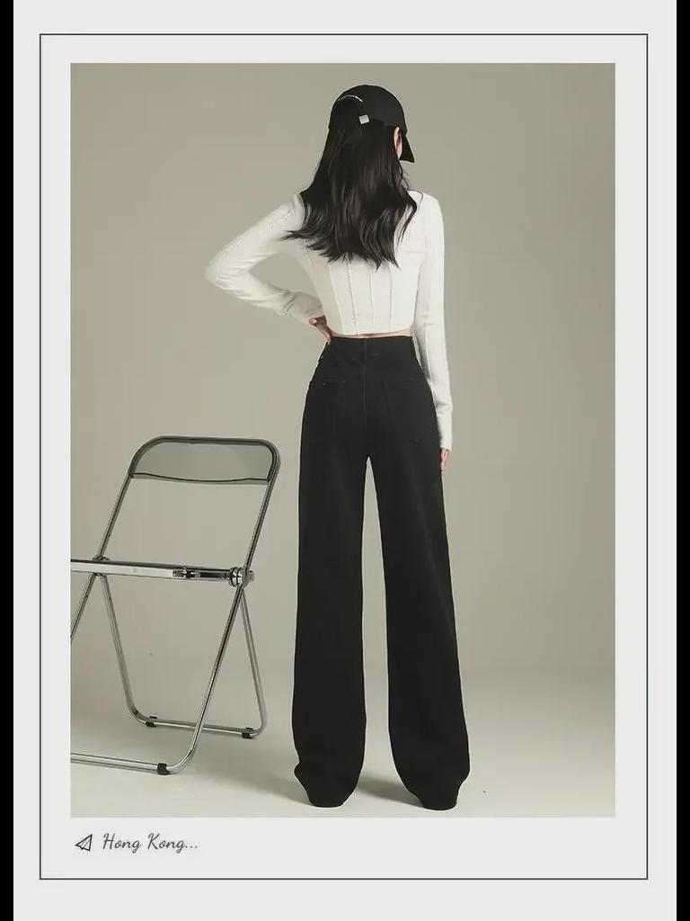 Black High-Waist Leather Straight-Leg Denim Pants - Women's Loosely Fitted Autumn Design