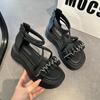 Muffin platform Roman sandals female 2025 spring and summer new French beautiful rhinestones with skirts fairy wind beach shoes