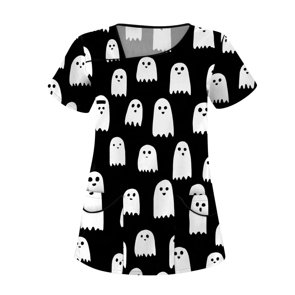 Dámské potištěné pracovní oblečení, šikmý límec a dvojité kapsy, základní top pulovr