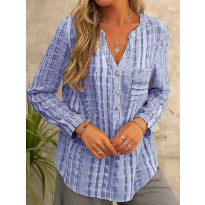

Женская элегантная рубашка с V-образным вырезом и длинными рукавами, со стойкой и карманом, тканая ткань из 100% полиэстера, полосатый повседневный топ для весны/лета/осени L