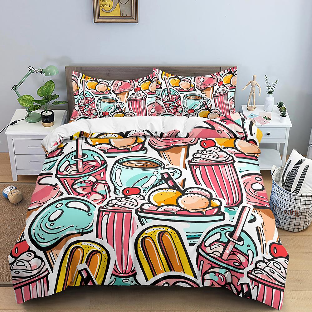 Snack Duvet Cover Set Coffee Bread Donut Pattern Pink Polyester Comforter Cover For Kids Adult Teen Bedding Set Queen King Size