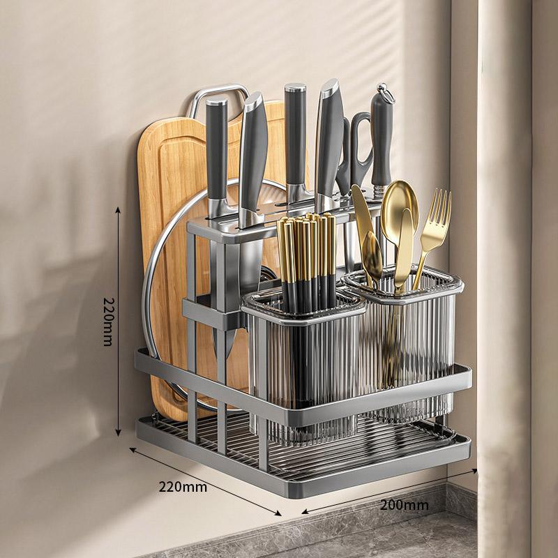 Kitchen Knife Rack Wall Mounted Cutlery Organizer Stainless Steel Pot Cover Knife Holder Chopping Board Drain Organizer Shelf