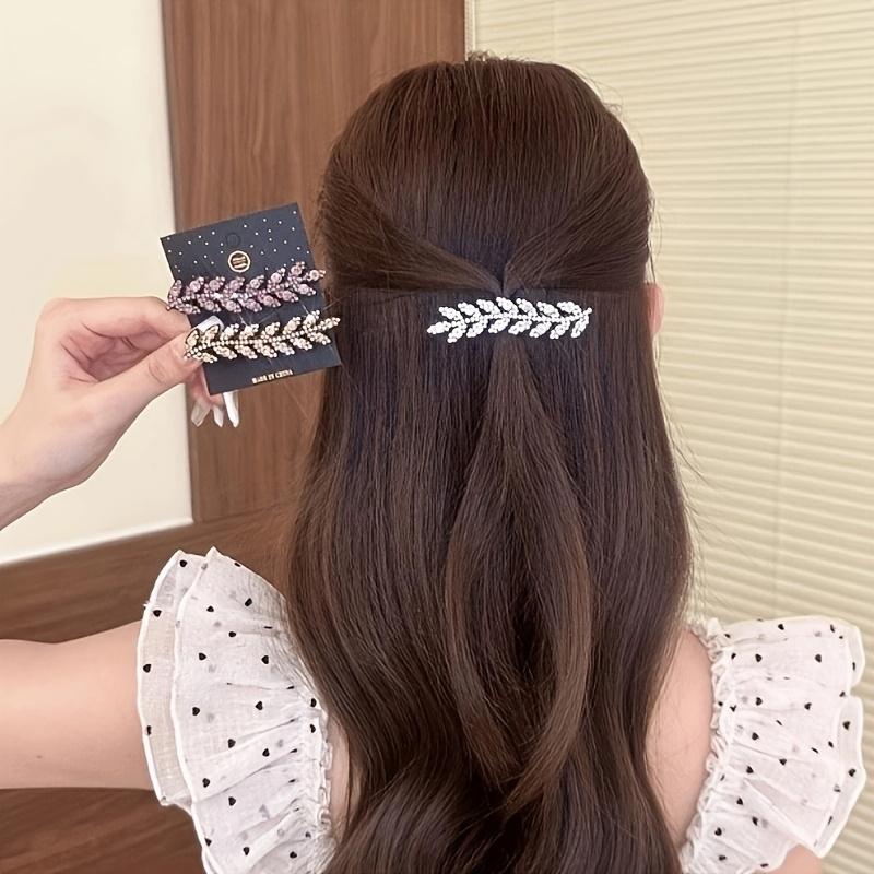 Vintage Elegant Alloy Wheat Ear Hairpins Crystal Embellished Leaf-Shaped Hair Clips Solid Color Duckbill Ideal for Valentine'S Day Gift