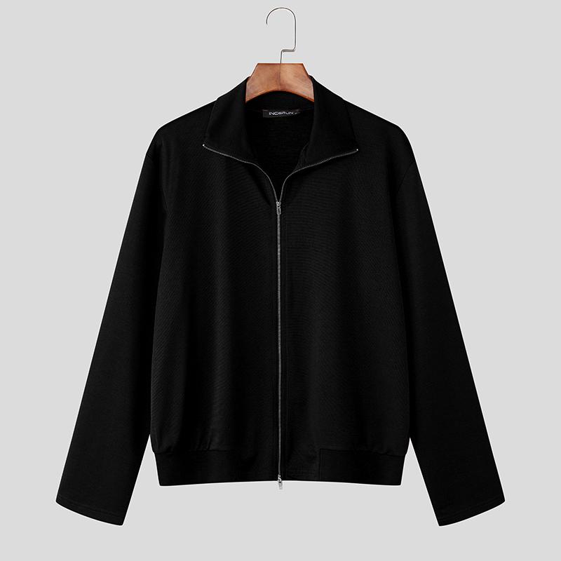 INCERUN Осень Зима Мужские Толстовки с Длинным Рукавом Однотонные на Молнии Повседневные Топы 5XL чёрный 2100₽