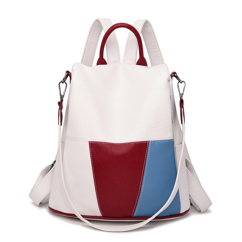 Women's Backpack Ladies Soft Leather Waterproof Multi-purpose Travel Bag Stitching Contrast Color Bags