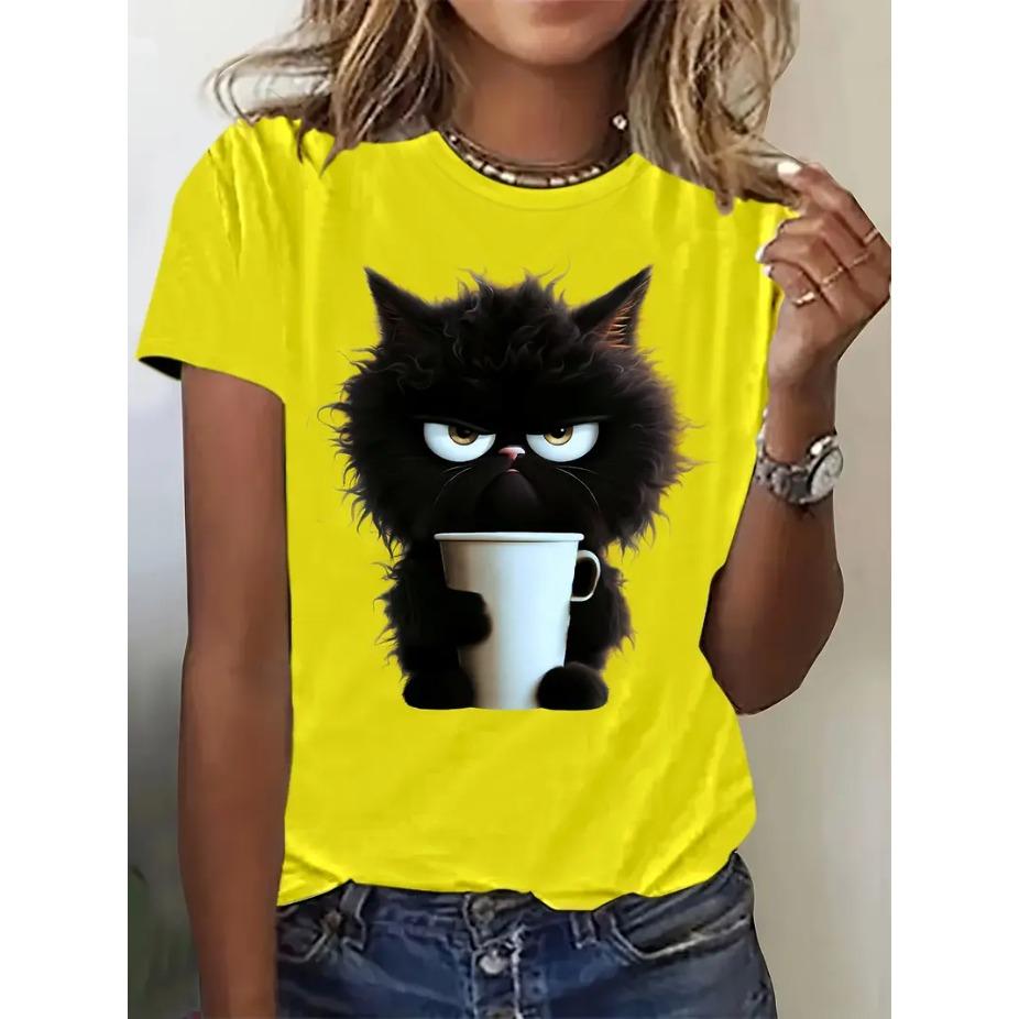 Cat Cartoon 3D Print Round Neck Short Sleeved T-shirt for Women Breathable Polyester Stretch Comfortable for Everyday