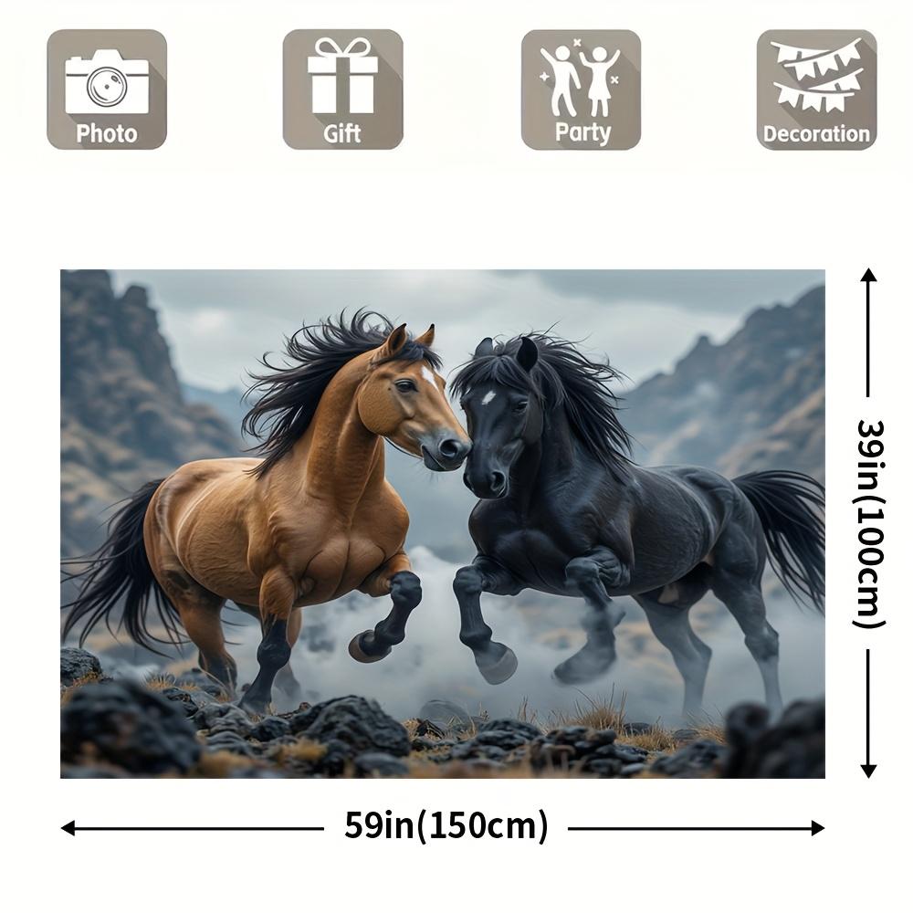 Realistic Two Horses Tapestry Wall Hanging, Black And Bay Stallions Running, Mountain Landscape Animal Wall Art For Living Room