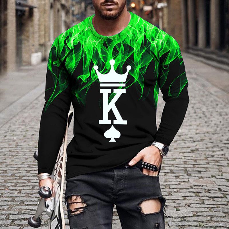 Spring and Autumn Round Neck "King K" Flame Pattern 3D Printed Top Fashionable Casual Long Sleeved Men's T-shirts