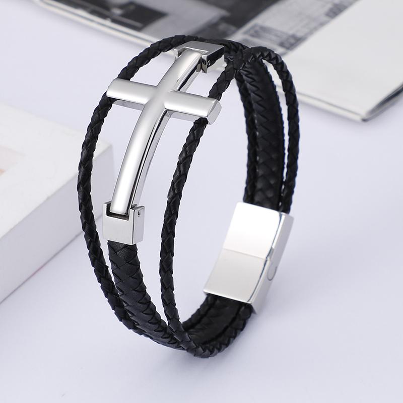 Triple Layered Cowhide Leather Bracelet Men Stainless Steel 22cm Cross Charm Armband Male Fashion Jewelry 2020