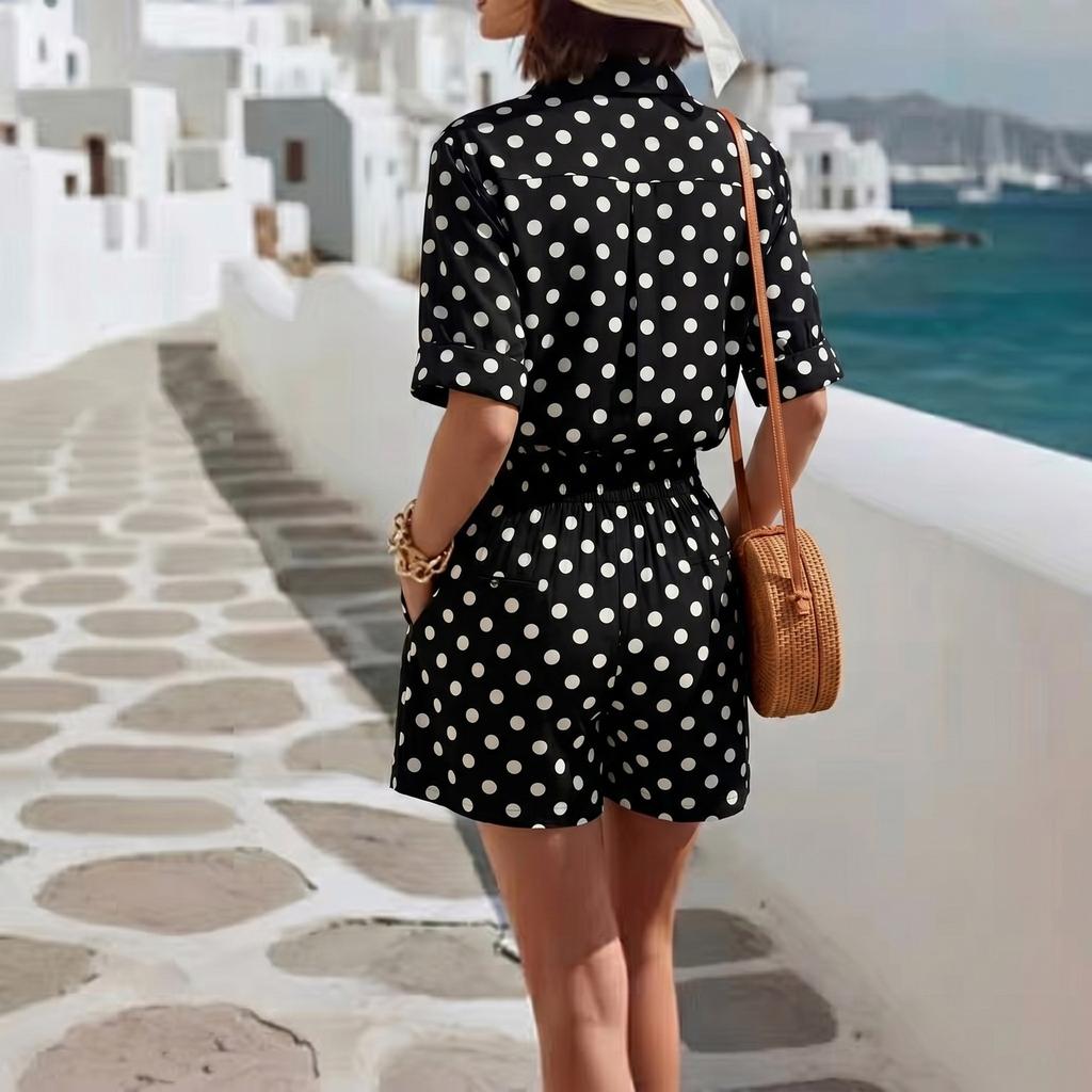 Ensemble deux pièces pour femme Chemise boutonnée à manches courtes et Short à taille élastique Imprimé à pois Tenue d'été décontractée