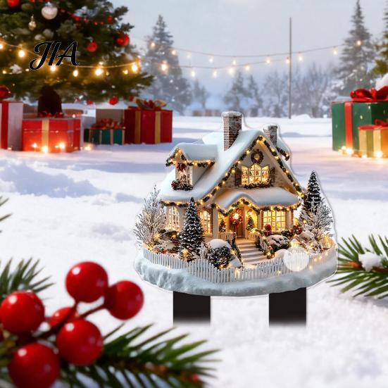 Durable Acrylic Yard Signs Santa Claus Garden Stake, Christmas Snowman Sign, 2D Decorations Flat Snowy Cottage Ornament for Lawn Pathway Holiday