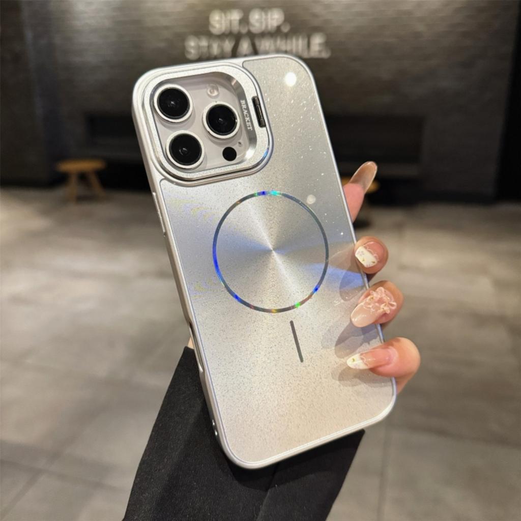 CD Texture Laser Glitter For Magsafe Lens Stand Case For iPhone Air 17 16 15 14 13 12 11 Pro Max Wireless Charge Bracket Cover