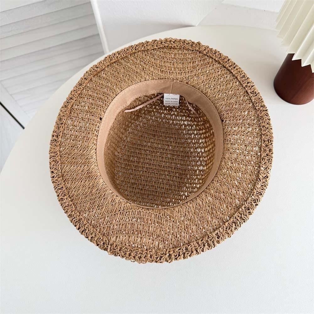 Sun Protection Straw Boater Hat Breathable Mesh Flat Top Beach Hat Handwoven Sun Cap Resort Wear