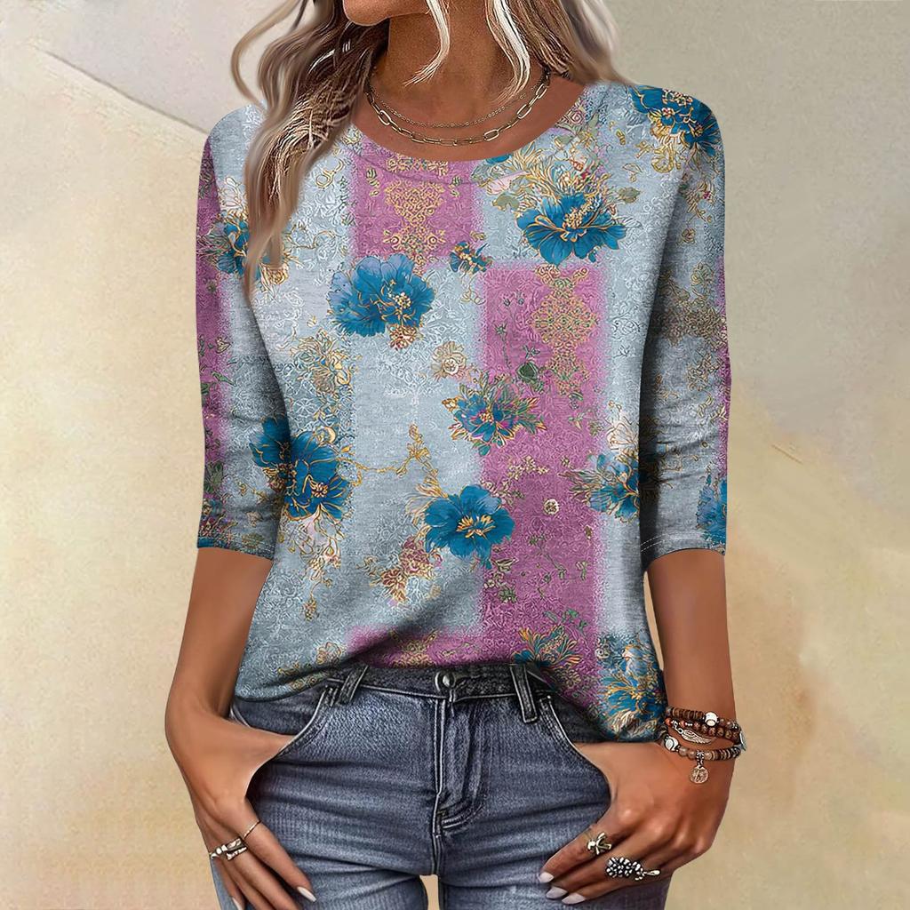 Trendy Vintage 3/4 Sleeve Top For Women ,Ladies Casual Three Quarter Sleeve Round Collar Printed T-Shirt Blouse