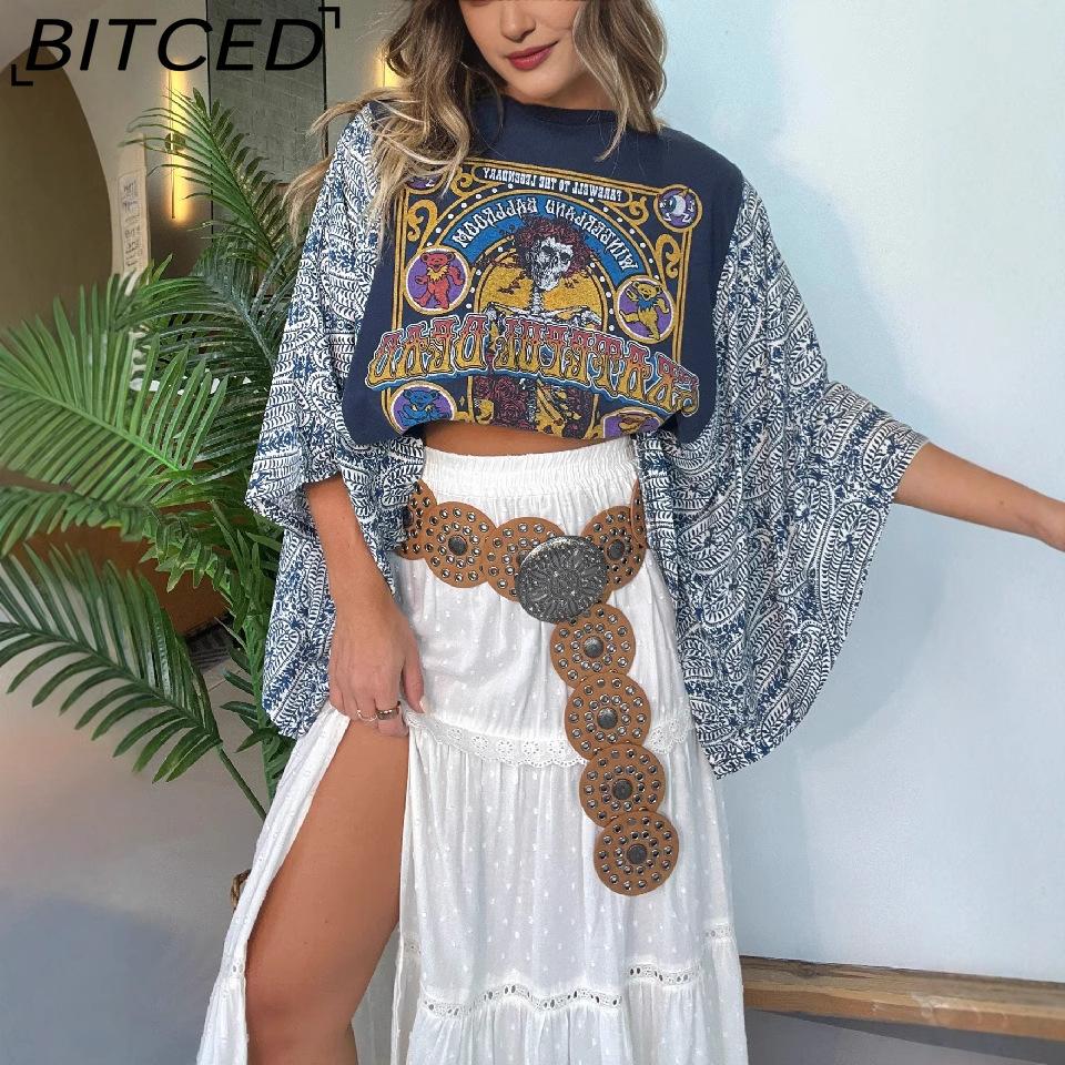 BITCED Women's Printed O-Neck Loose-Fit Casual Top