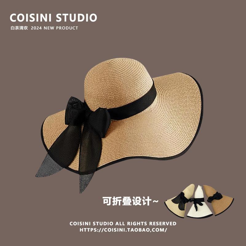 Straw hat women's sun protection summer oversized brim sunshade beach hat vacation foldable streamer bow hat women