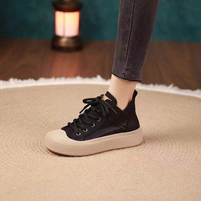 

Высокие дышащие женские туфли на весну и осень, мягкие женские туфли на платформе, популярные новинки 2024 года, универсальные повседневные туфли на шнуровке для женщин 40 чёрный