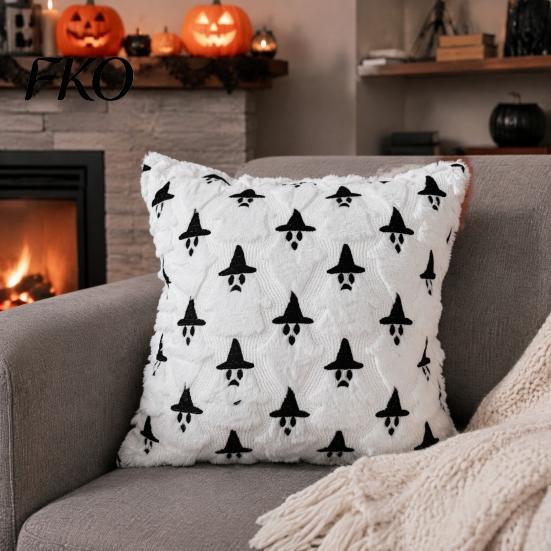Seasonal Halloween Bedroom Accessories Ghost Cushion Cover, Fuzzy Throw Pillow 18x18 Inch Festive Living Room Sofa Decor Washable Plush Case for Couch