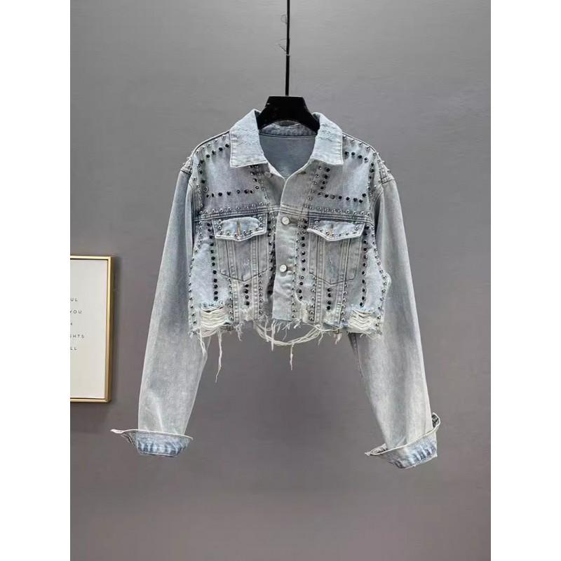 Womens Distressed Denim Jacket With Rivets