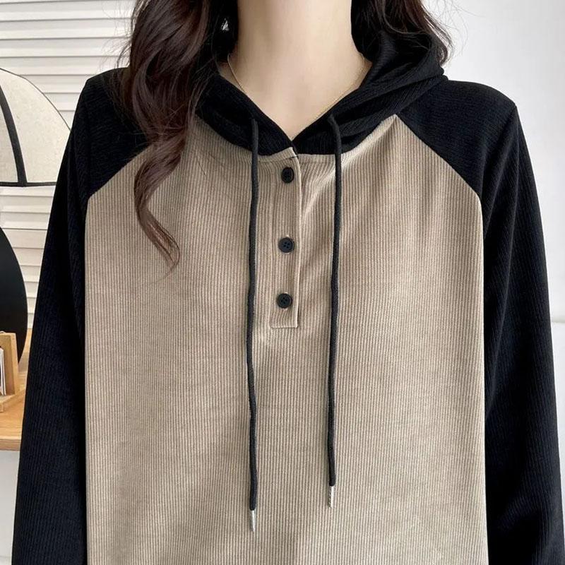 Sweatshirt for Women Cotton Oversize Loose Casual Pullove Vintage Drop-Shoulder Color-Block Hooded Long Sleeve Top Sweatshirt