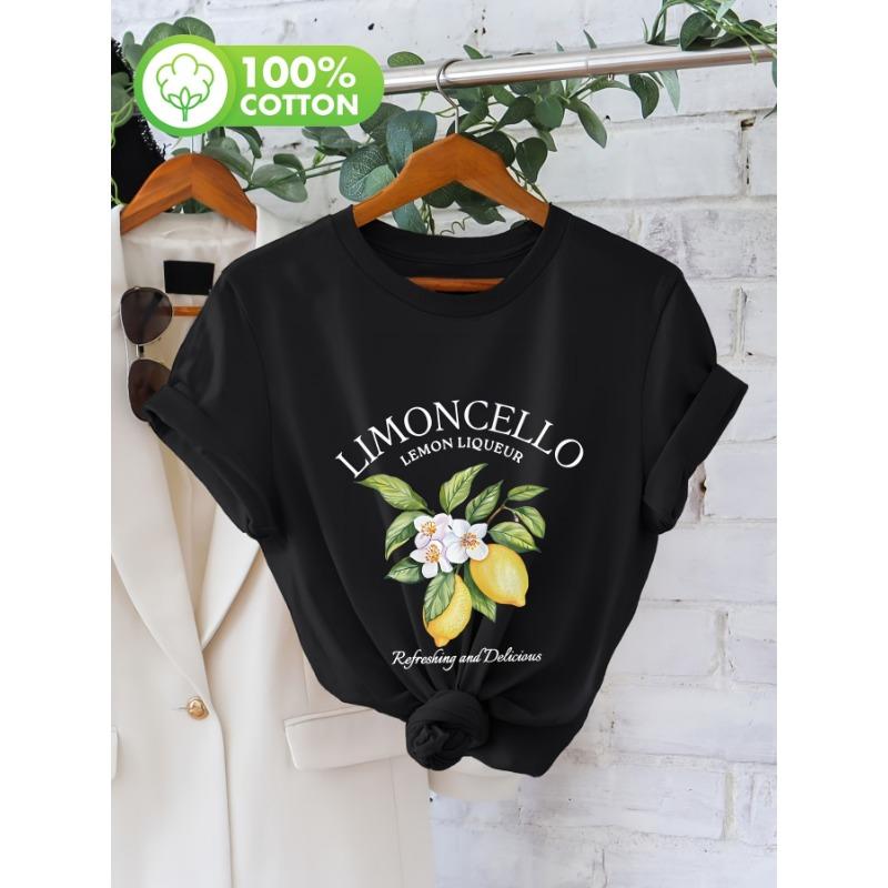 LIMONLLO letter lemon flower printed short sleeved round neck T-shirt for women