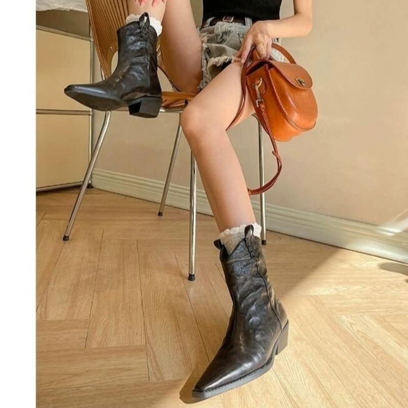 Western  Ankle Boots for Women PU Leather Pointed Toe Behind Retro Style Low Heel Women Boot Fashion Short Boots D181