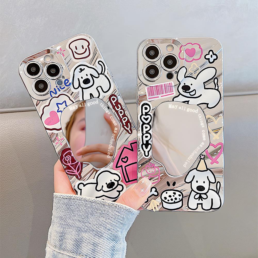 Luxus Make-up Spiegel Welle Handyhülle Für iPhone 11 13 16 Pro Max 14 15 12 16promax 15promax Niedliche Hund Stoßfeste Hüllen Fundas