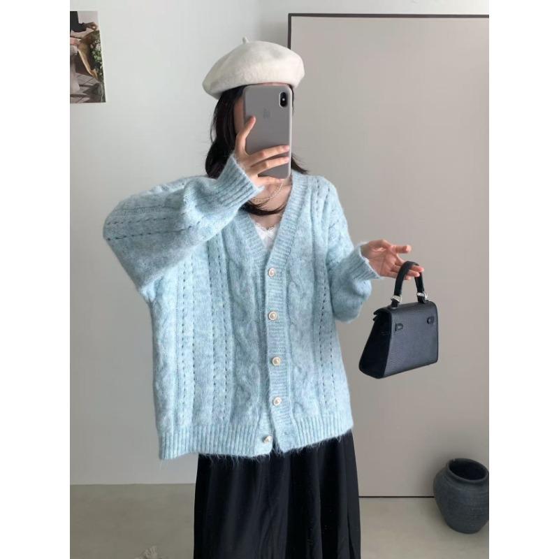 Loose sweater women's coat autumn and winter new casual lazy wind outside wear V-neck knitted cardigan top