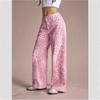 Women's Pink Leopard Print Wide Leg Jeans, Loose Fit
