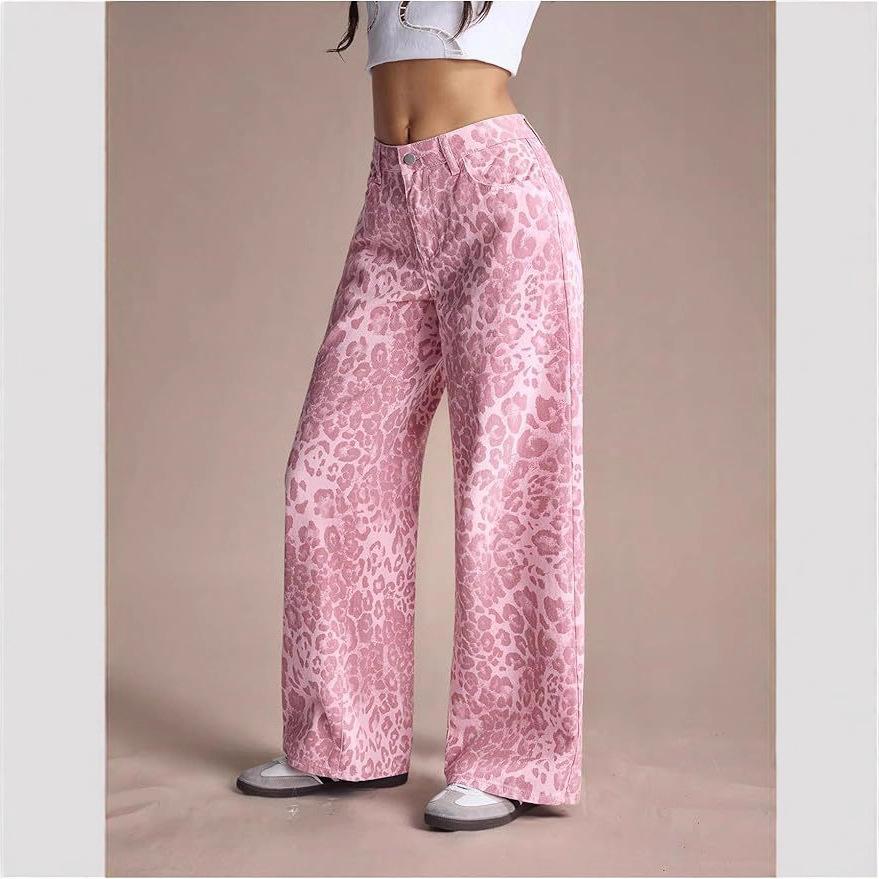 Women's Pink Leopard Print Wide Leg Jeans, Loose Fit