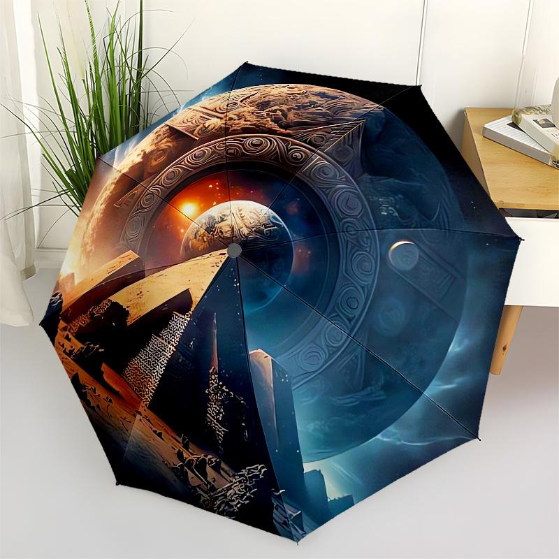 

Ancient Civilization, Cosmic Gateway Automatic folding umbrella simple eight rib design, bright color pattern, durable iron frame, ideal fo