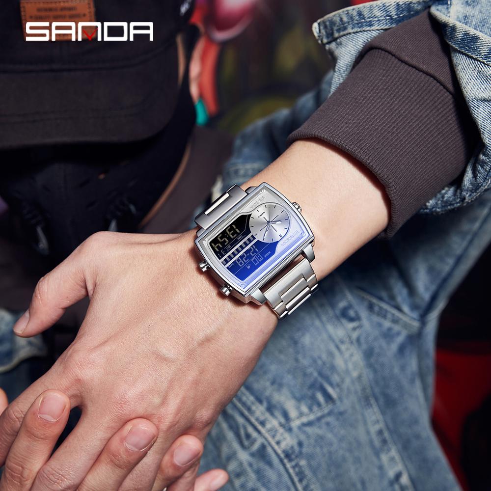 SANDA 6163 Top Luxury Fashion Men's Quartz Electronic Dual Screen Watch Waterproof Countdown Quartz Steel Strip Men's Watch