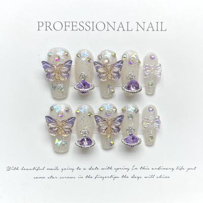 100% HANDMADE Coffin Shaped Trapezoid Fake Nail Set With Glue Art Light Luxury Purple Flashing 3D Gradient Butterfly Aurora Planet Nails Reusable