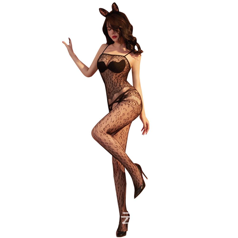 Jacquard-Mesh-Kombination offener Einteiler sexy Unterwäsche hohl sexy Strümpfe Reizwäsche Klasse B Mesh-Kombination