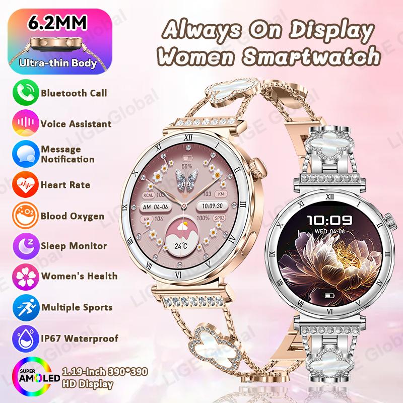 New Ultra Thin Smart Watch Women Screen Always Display Time Diamond Luxury Bracelet Voice Calling AMOLED Smartwatch Ladies