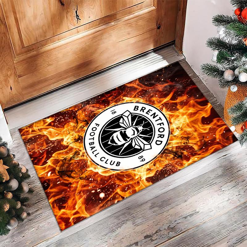 Brentford Football Print Crystal Velvet Rug, Comfortable Water Absorbent Non Slip Indoor Floor Carpet