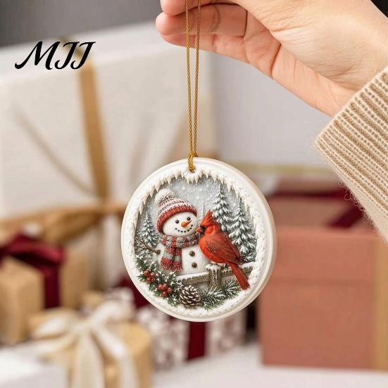 Snow Scene Xmas Decorations Acrylic Christmas Red Bird Ornament, Pattern Tree Hanging Ornaments Decor, Retro Round Pendant for Winter Holiday Party