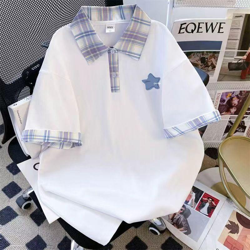 Niche summer American fashion shoulder sleeve polo collar short sleeve T-shirt men and women couples plaid ins top
